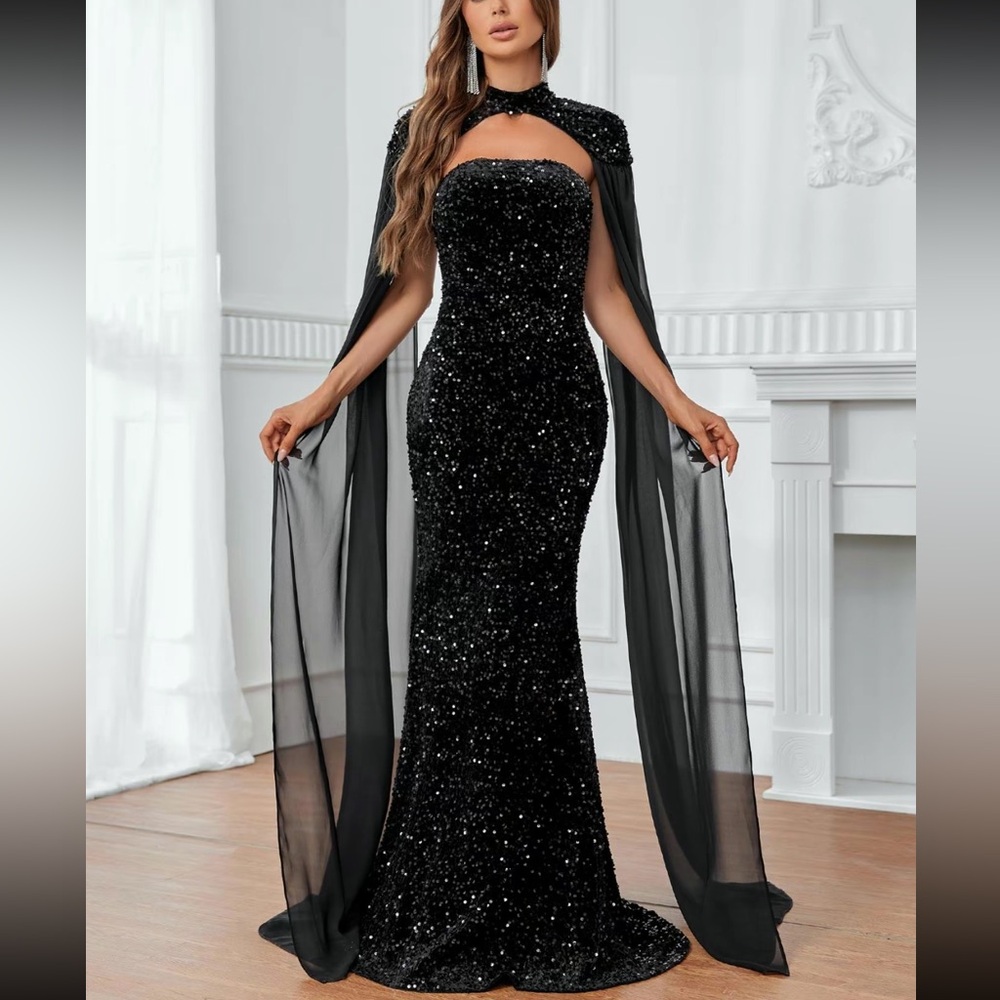 Glitter Sequin Tube Mermaid Dress & Cloak Sleeve Mesh Cape - Picture 7 of 11